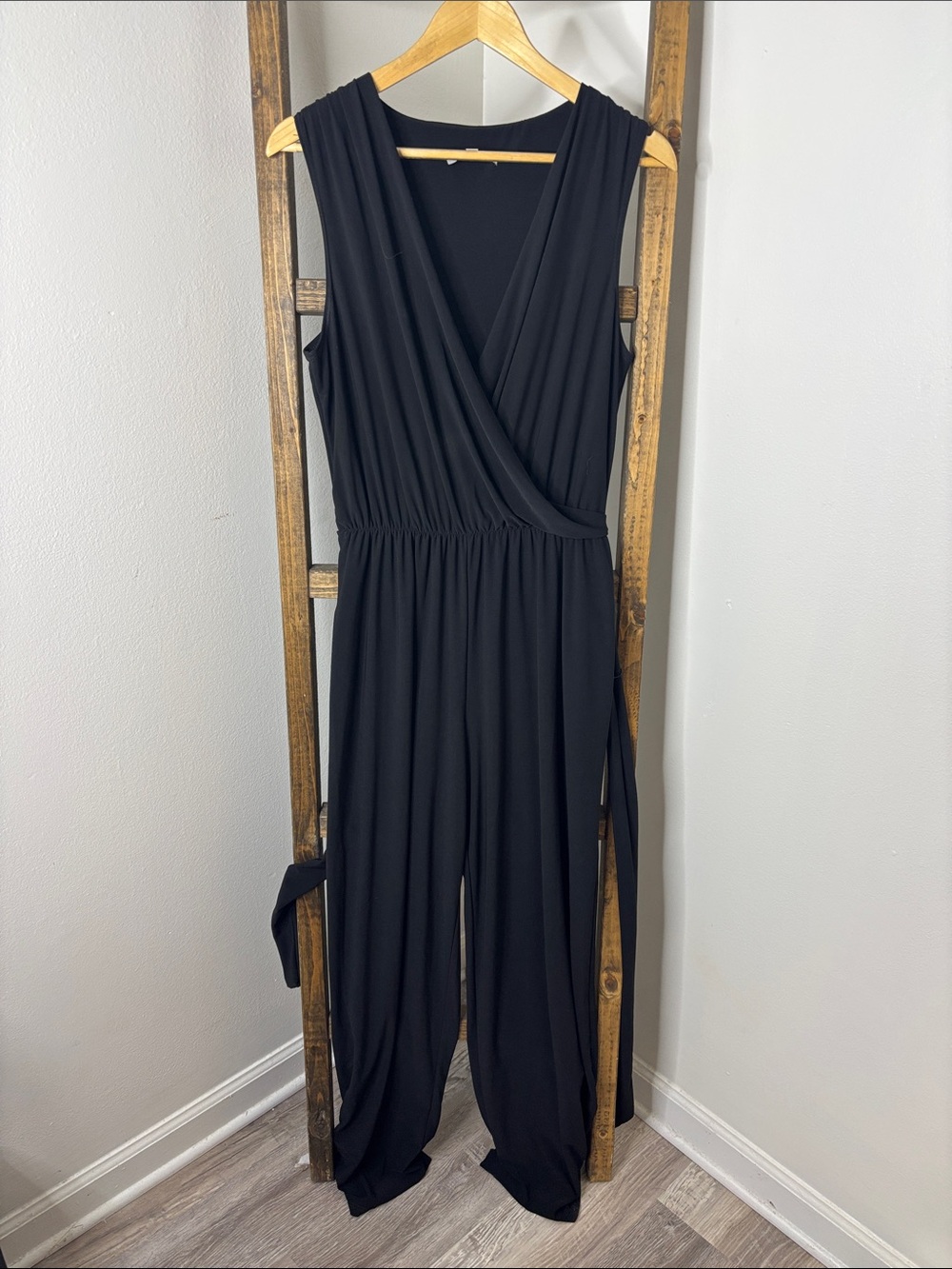 Annalee + Hope Black Sleeveless Wrap-Front Jumpsuit Size L